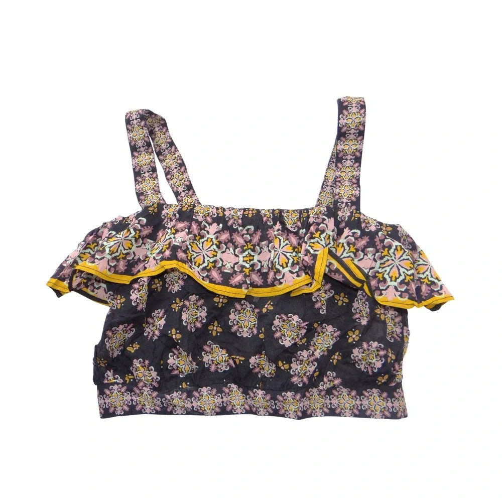 Free People Medallion Print Ruffle Crop Top Navy Pink Yellow‎ Smocked Small